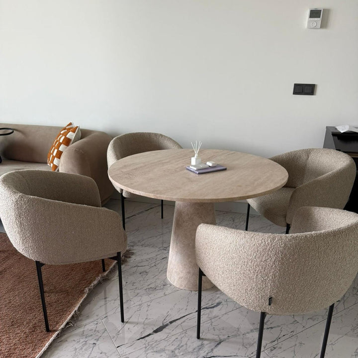 Handmade Round Travertine Dining Table - Beige Marble Kitchen Table