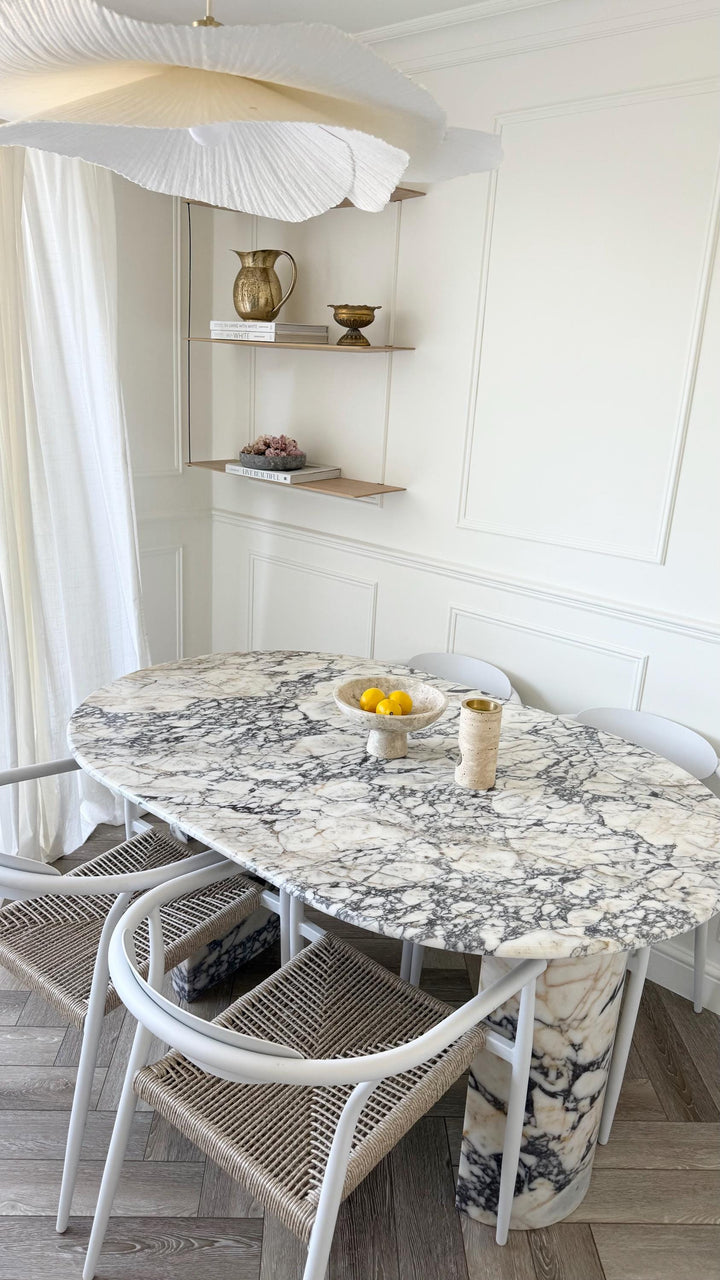 Handmade Calacatta Viola Marble Dining Table, Oval Top, Half Moon Leg