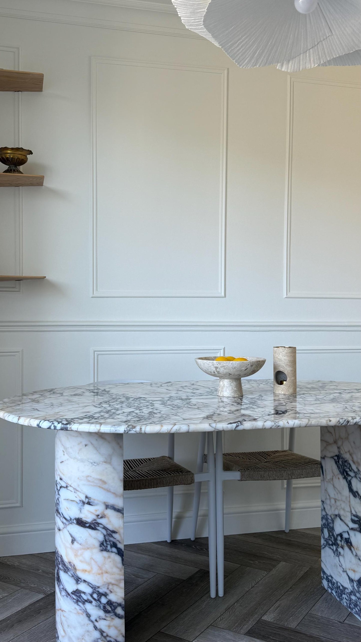Handmade Calacatta Viola Marble Dining Table, Oval Top, Half Moon Leg