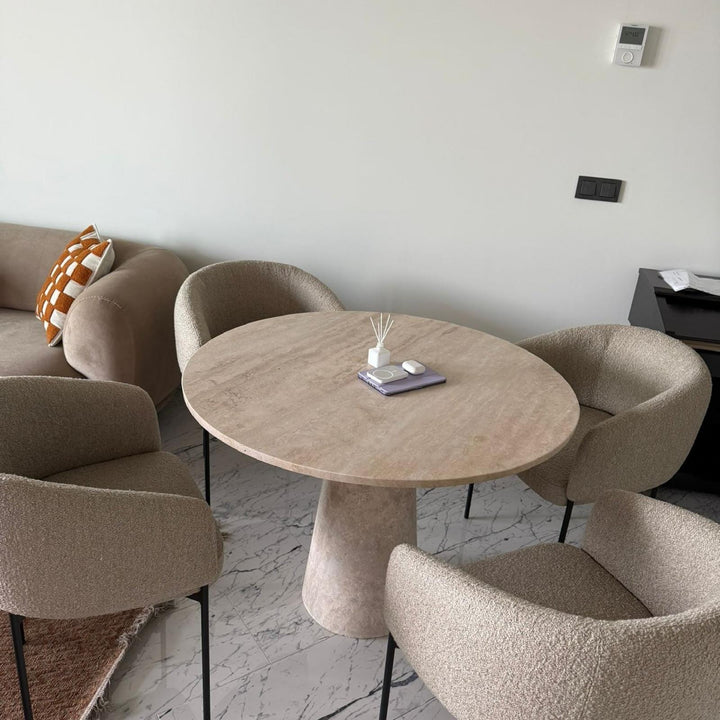 Handmade Round Travertine Dining Table - Beige Marble Kitchen Table
