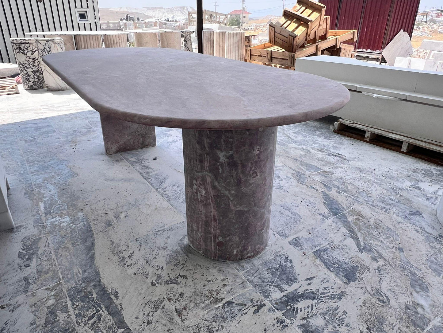 Handmade Pink Travertine Oval Dining Table – Honed Stone, Modern Minimalist
