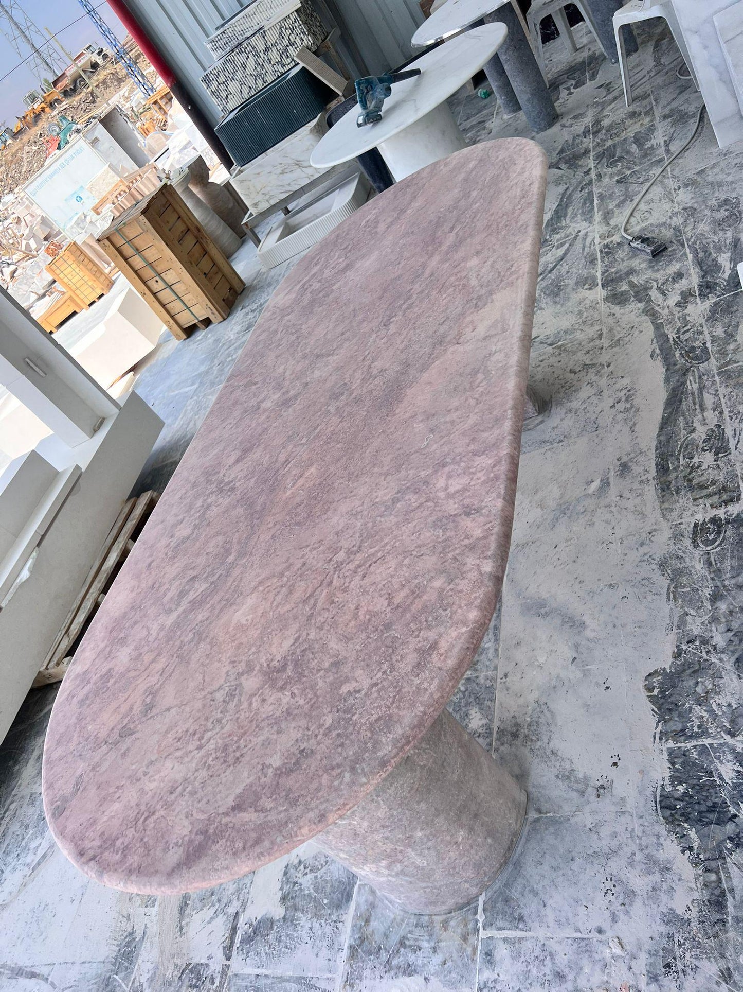 Handmade Pink Travertine Oval Dining Table – Honed Stone, Modern Minimalist