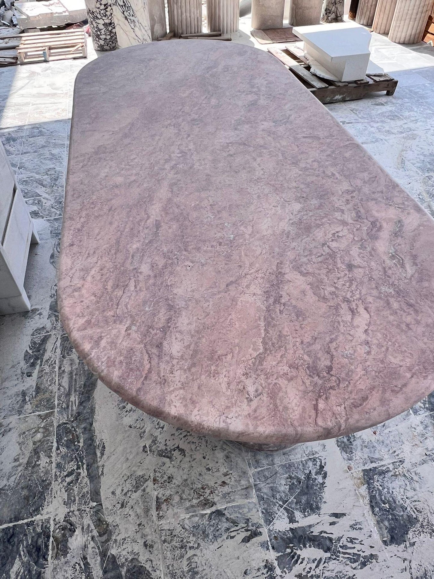 Handmade Pink Travertine Oval Dining Table – Honed Stone, Modern Minimalist