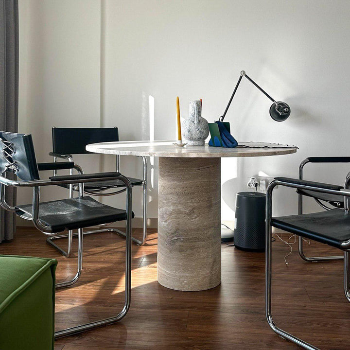Handmade Round Travertine Dining Table, Natural Marble Stone Kitchen Table