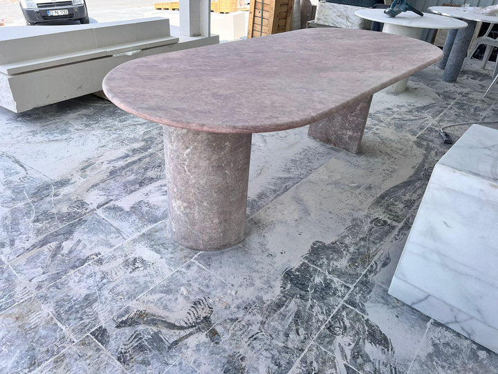 Handmade Pink Travertine Oval Dining Table – Honed Stone, Modern Minimalist