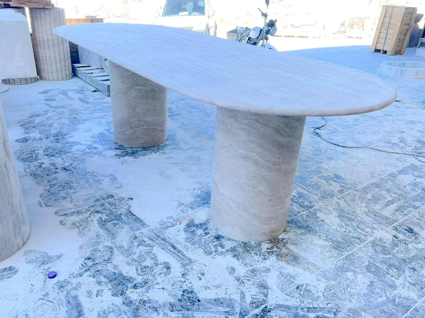 Handmade Honed Travertine Oval Dining Table – Cylindrical Base