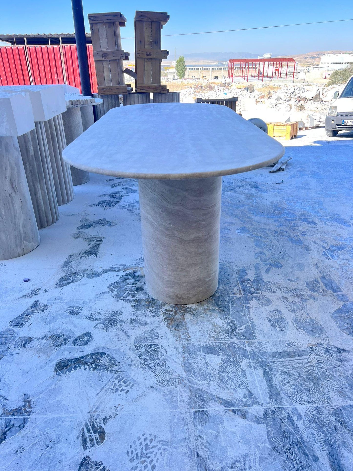 Handmade Honed Travertine Oval Dining Table – Cylindrical Base