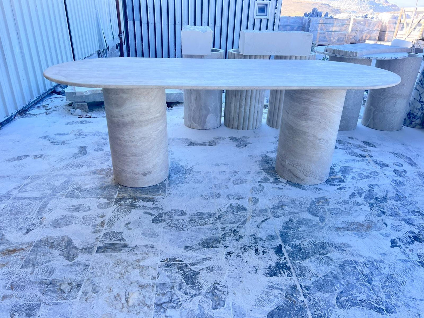 Handmade Honed Travertine Oval Dining Table – Cylindrical Base