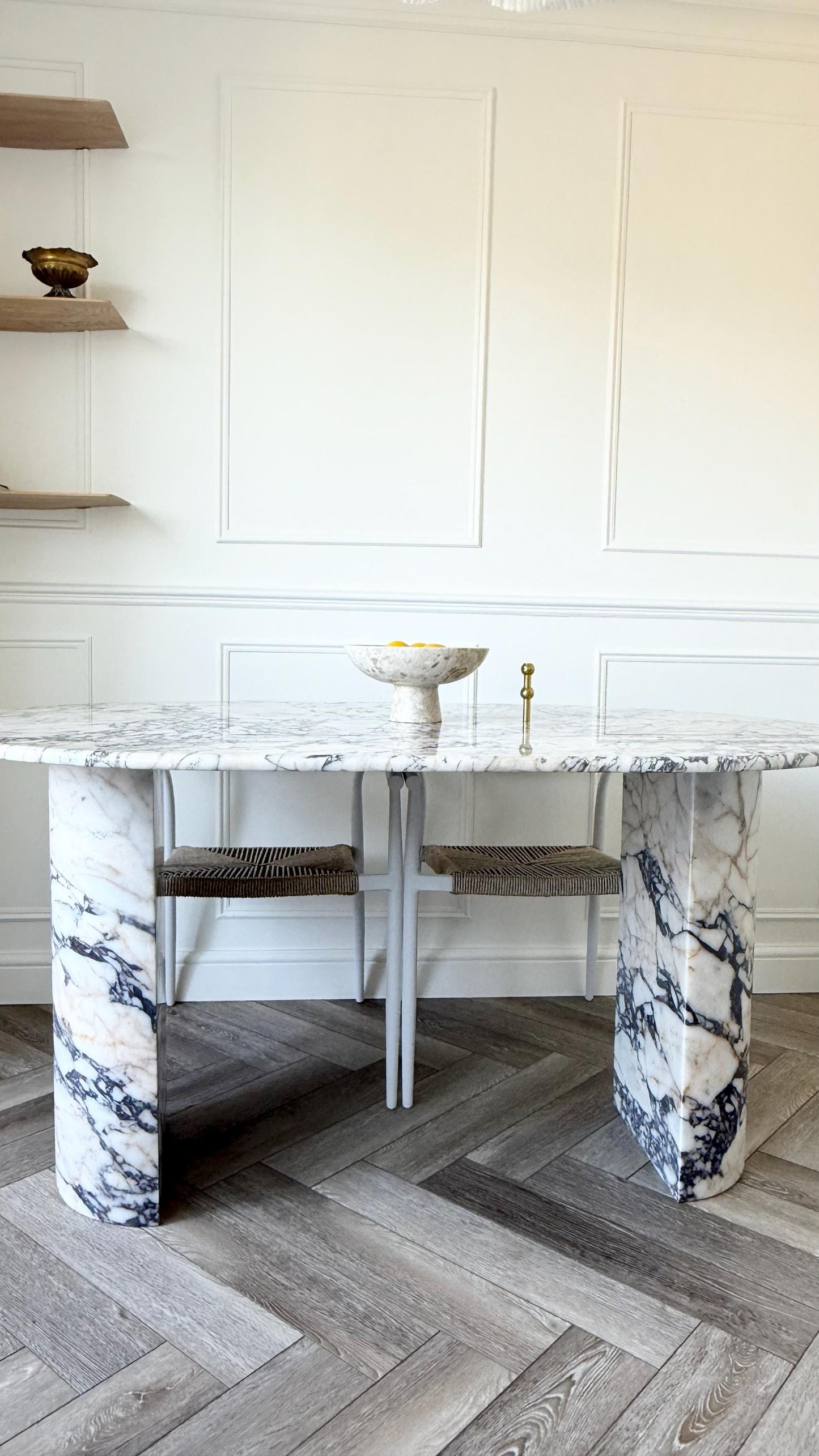 Handmade Calacatta Viola Marble Dining Table, Oval Top, Half Moon Leg