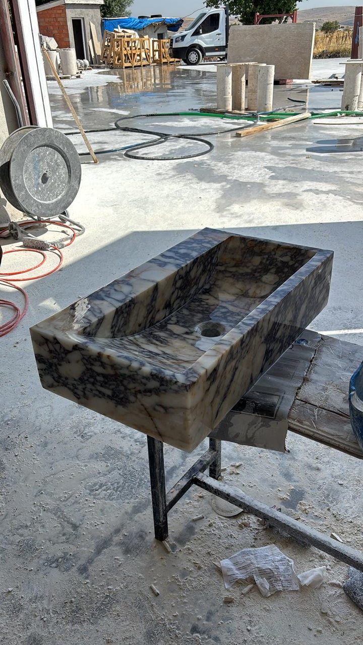 Handcrafted Calacatta Viola Marble Sink: Wall Mounted Bathroom Vanity