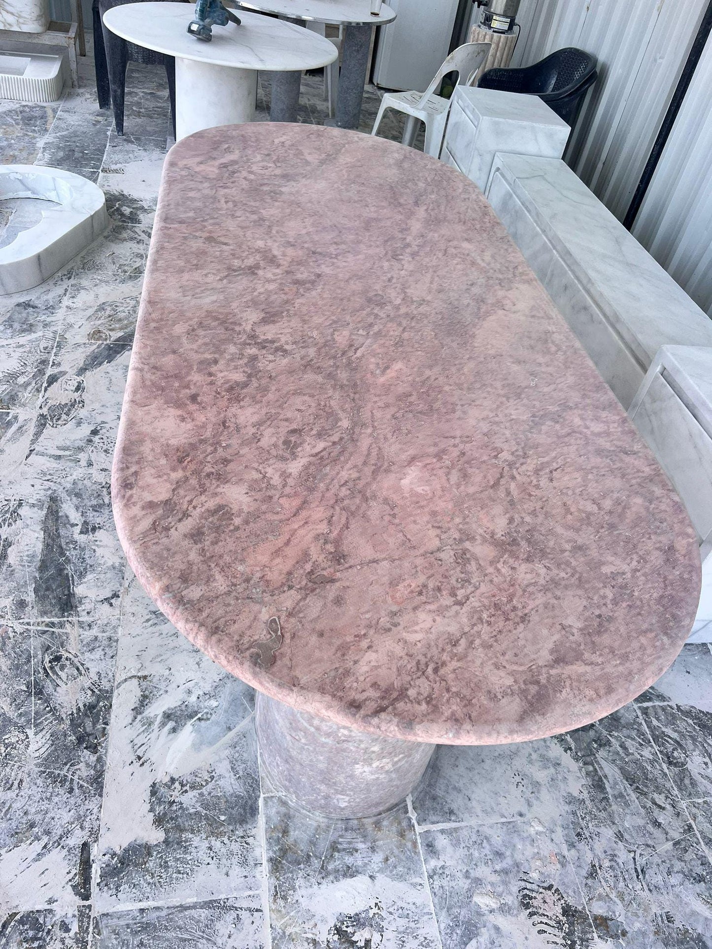 Handmade Pink Travertine Oval Dining Table – Honed Stone, Modern Minimalist