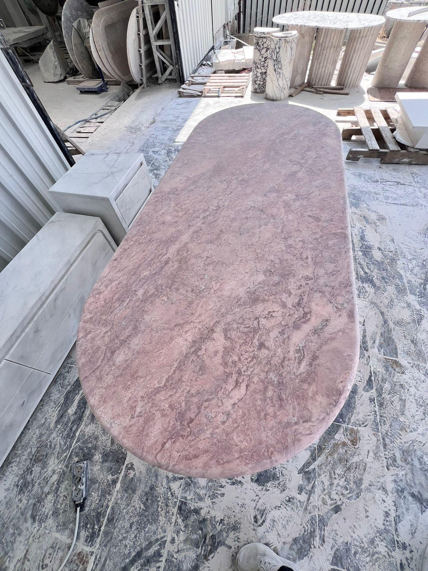Handmade Pink Travertine Oval Dining Table – Honed Stone, Modern Minimalist