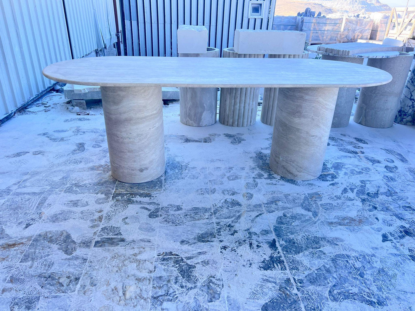 Handmade Honed Travertine Oval Dining Table – Cylindrical Base