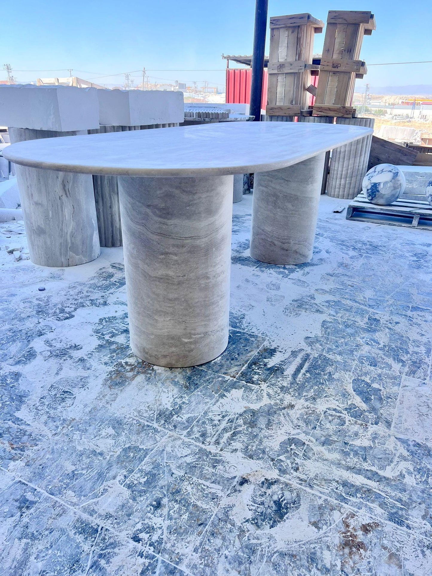 Handmade Honed Travertine Oval Dining Table – Cylindrical Base