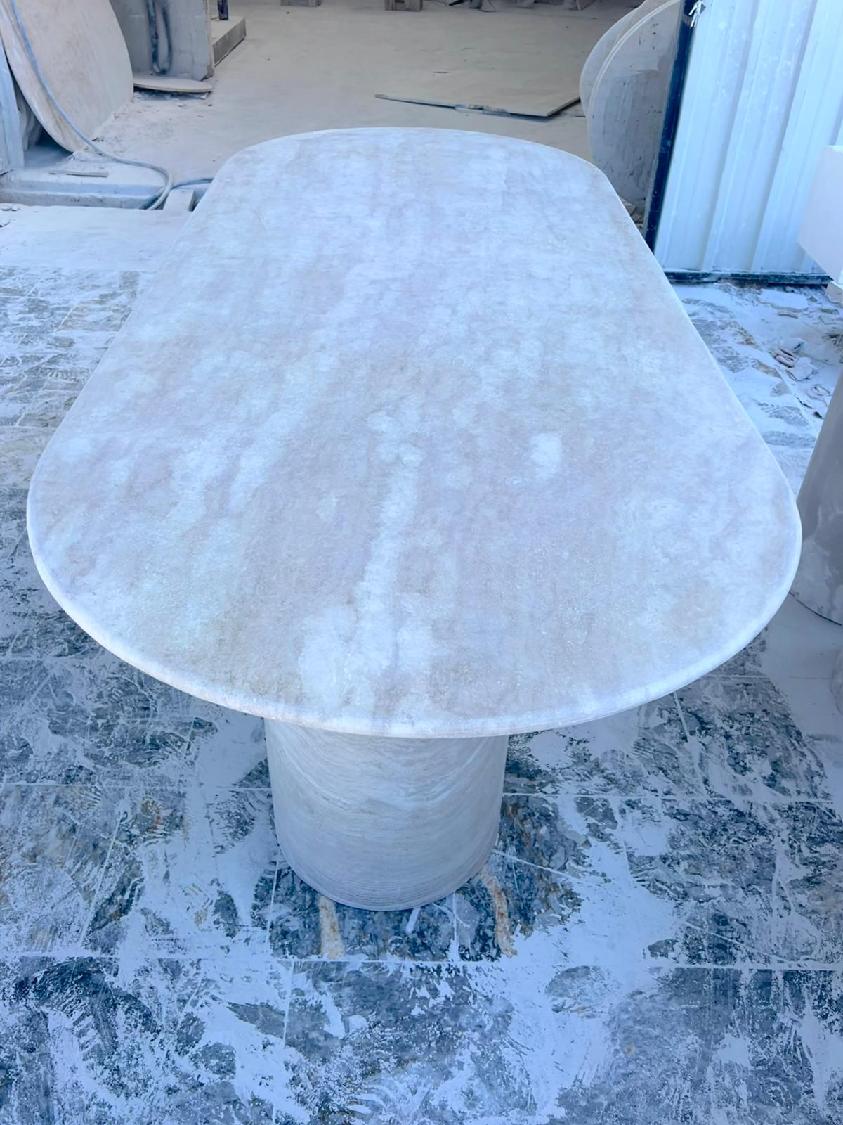 Handmade Honed Travertine Oval Dining Table – Cylindrical Base