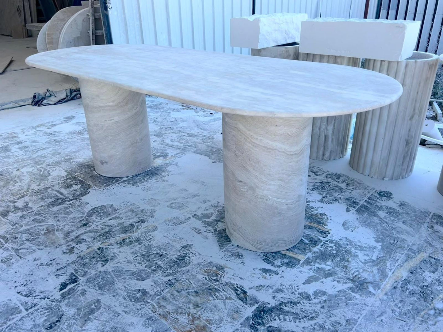 Handmade Honed Travertine Oval Dining Table – Cylindrical Base