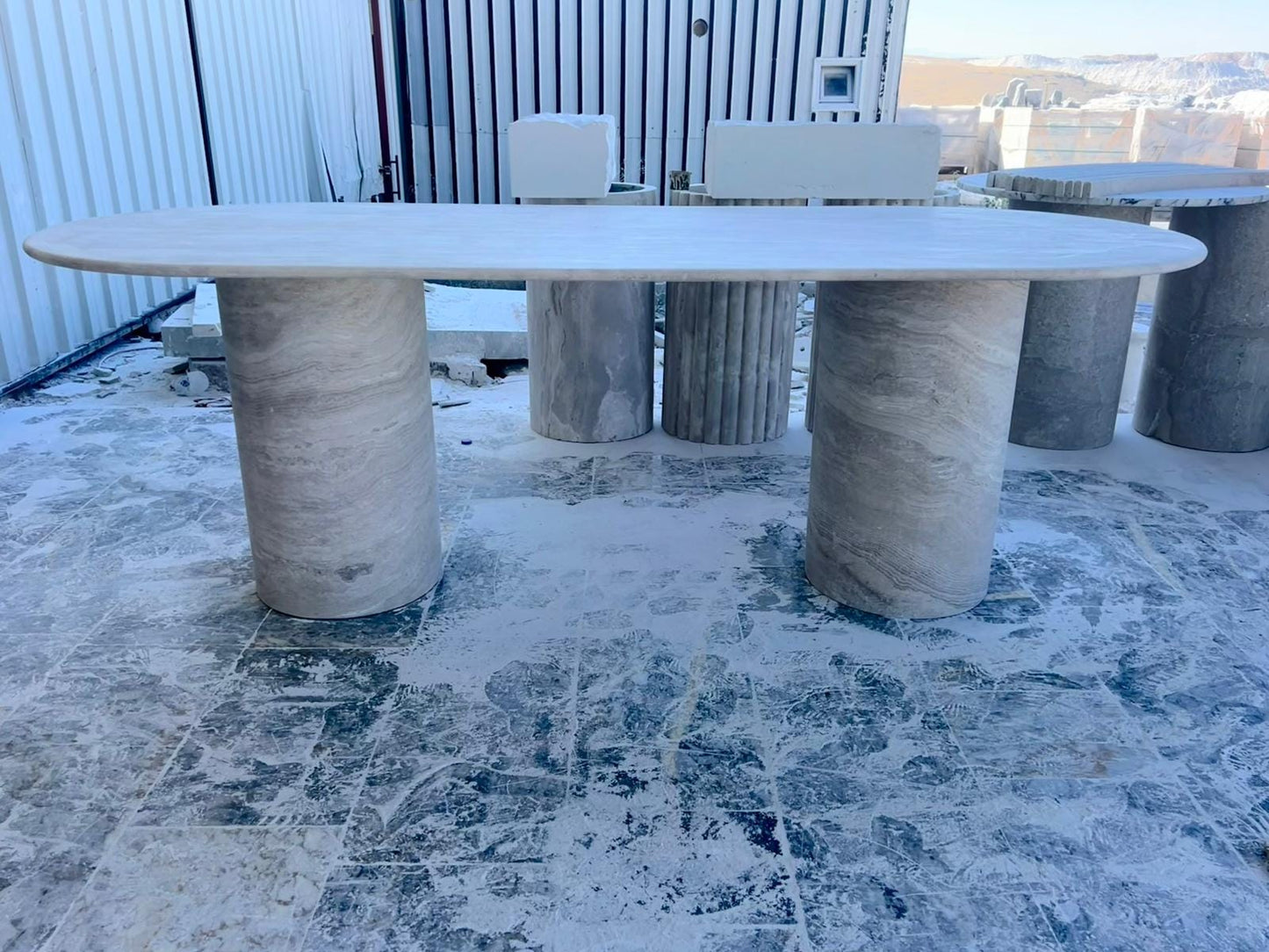 Handmade Honed Travertine Oval Dining Table – Cylindrical Base