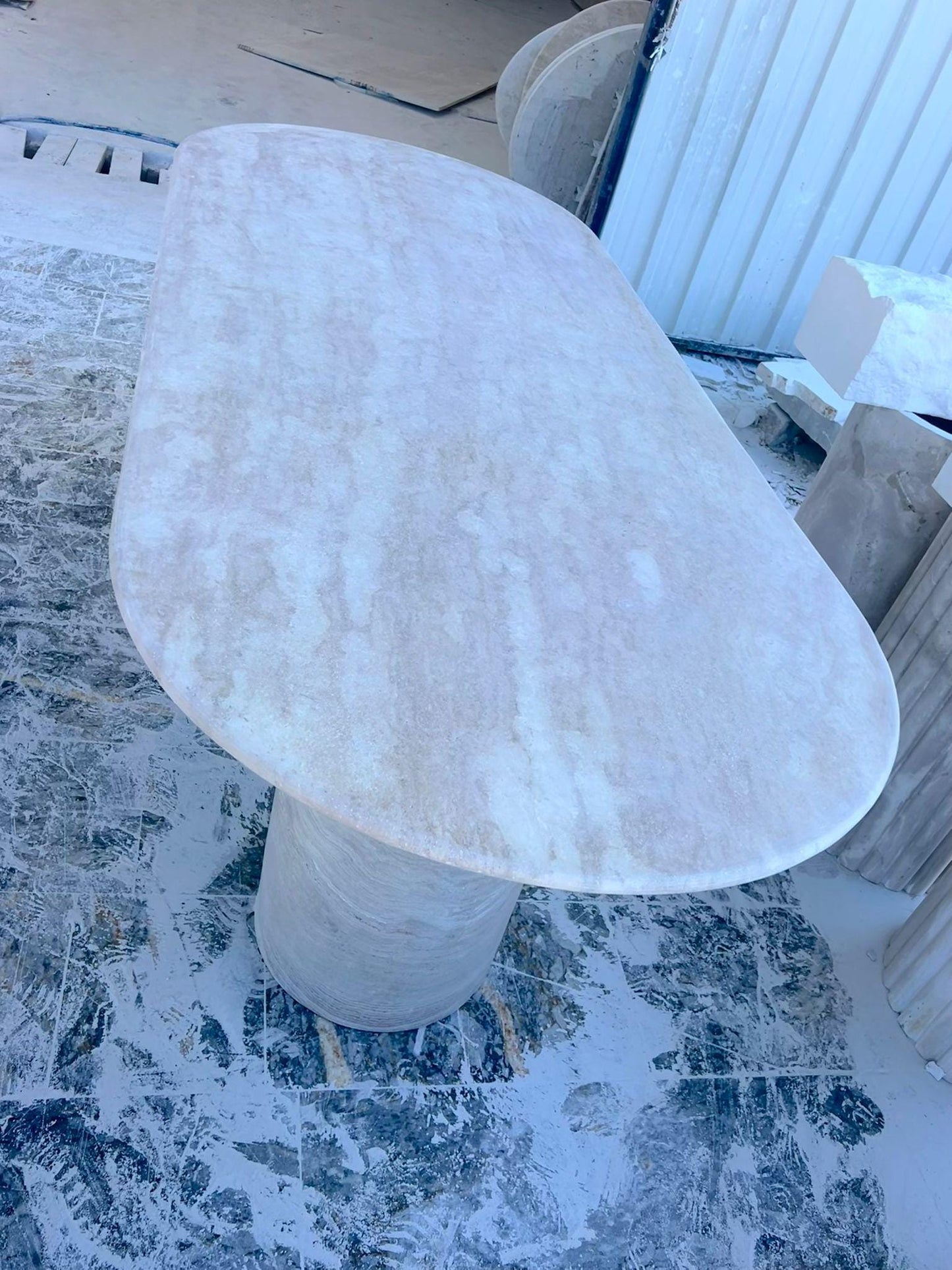 Handmade Honed Travertine Oval Dining Table – Cylindrical Base
