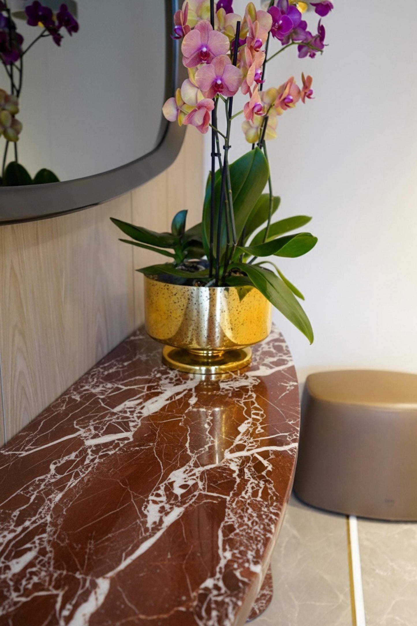 Handcarved Rosso Levanto Marble Console Table, Custom Burgundy Travertine