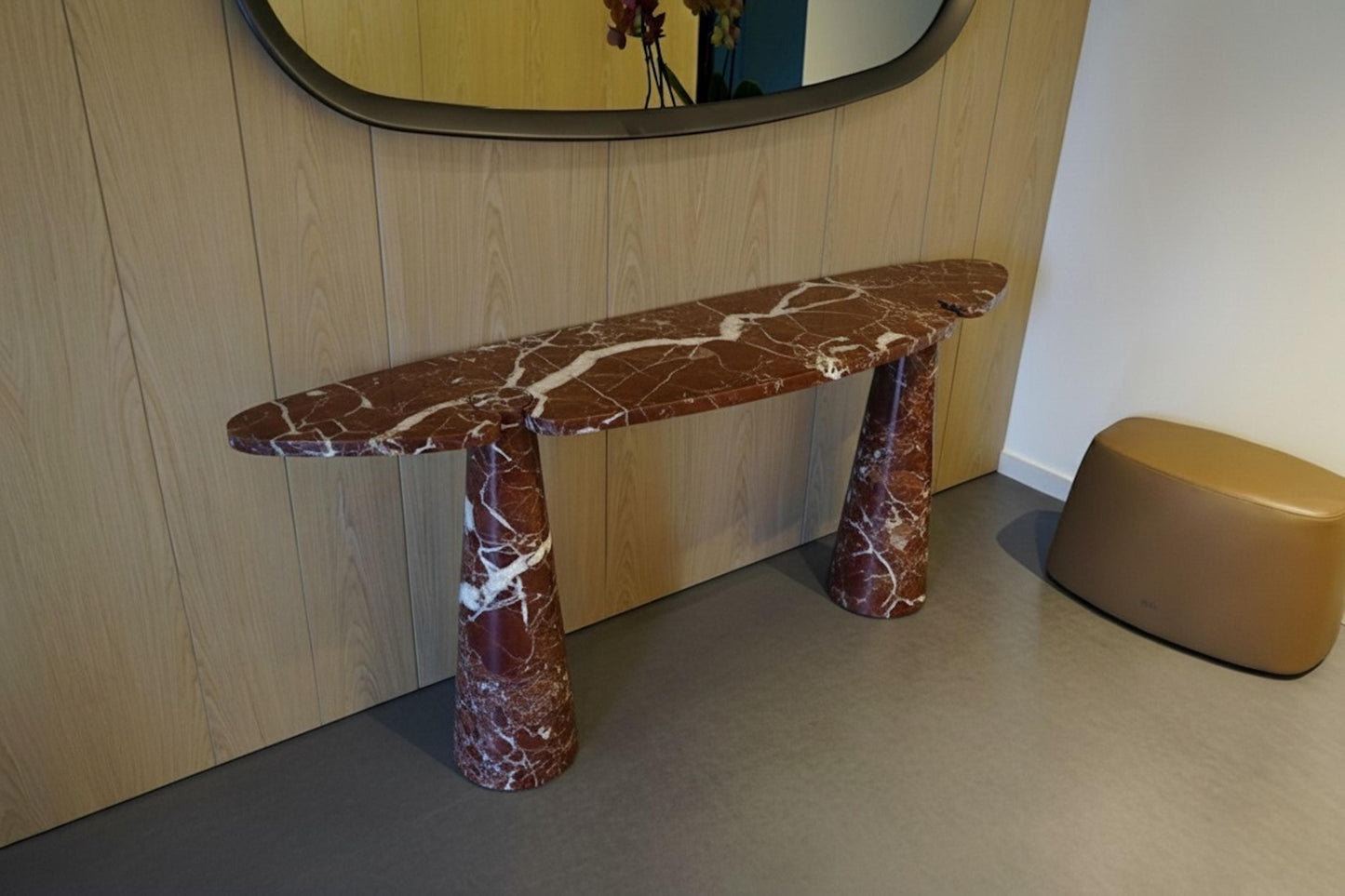 Handcarved Rosso Levanto Marble Console Table, Custom Burgundy Travertine