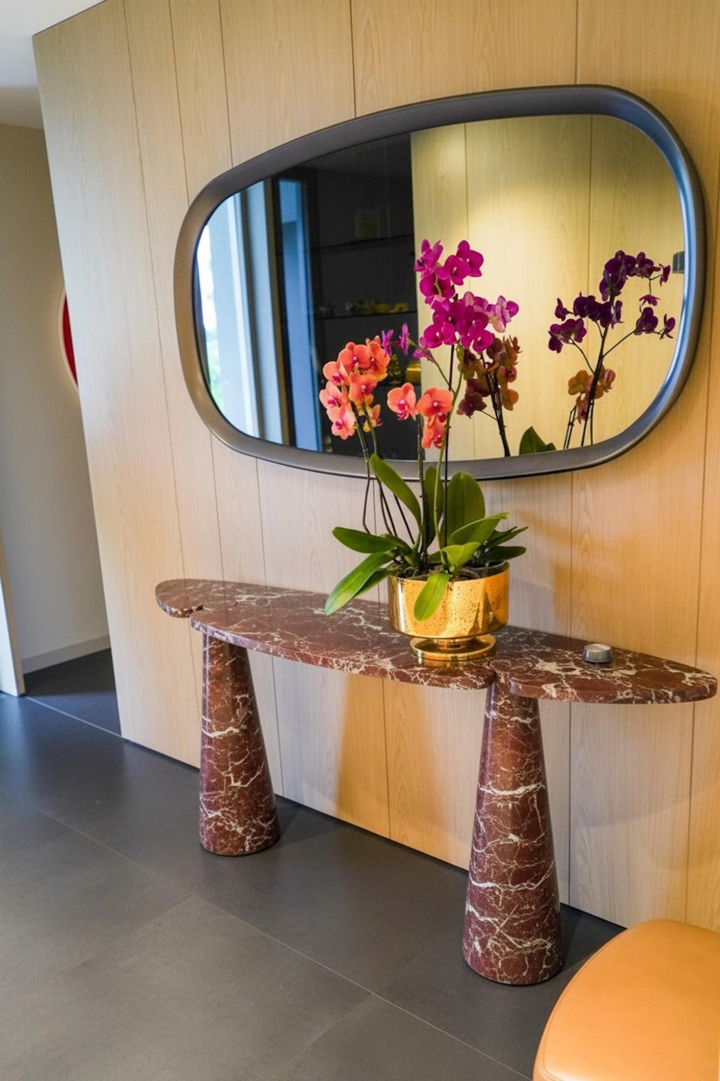 Handcarved Rosso Levanto Marble Console Table, Custom Burgundy Travertine