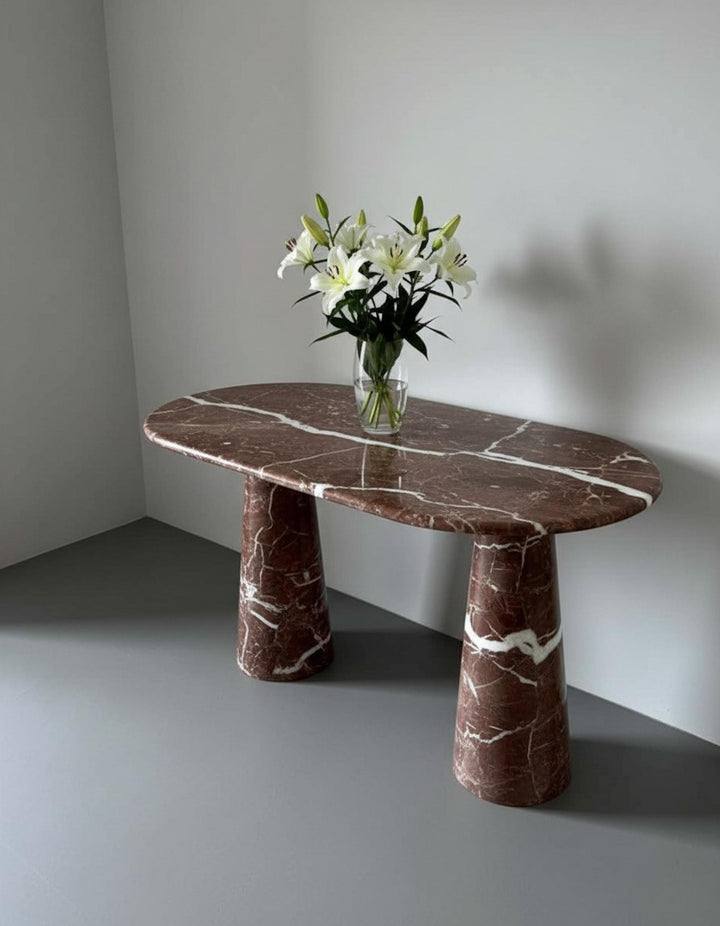 Handcarved Rosso Levanto Marble Console Table, Custom Burgundy Travertine