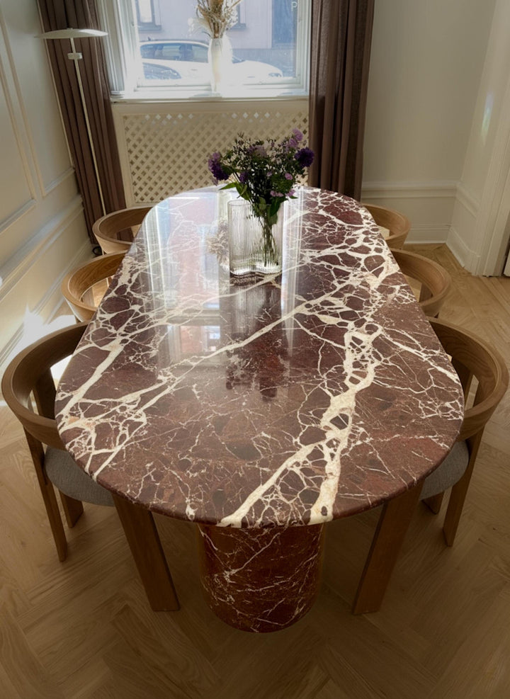Rosso Levanto Marble Dining Table, Handmade Red Oval Table