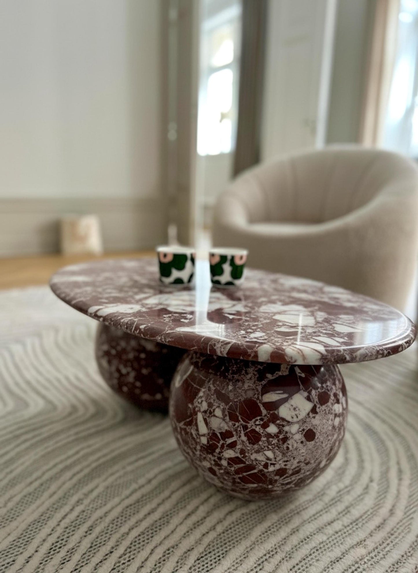 Rosso Levanto Marble Coffee Table, Burgundy Oval Center Table, Handmade