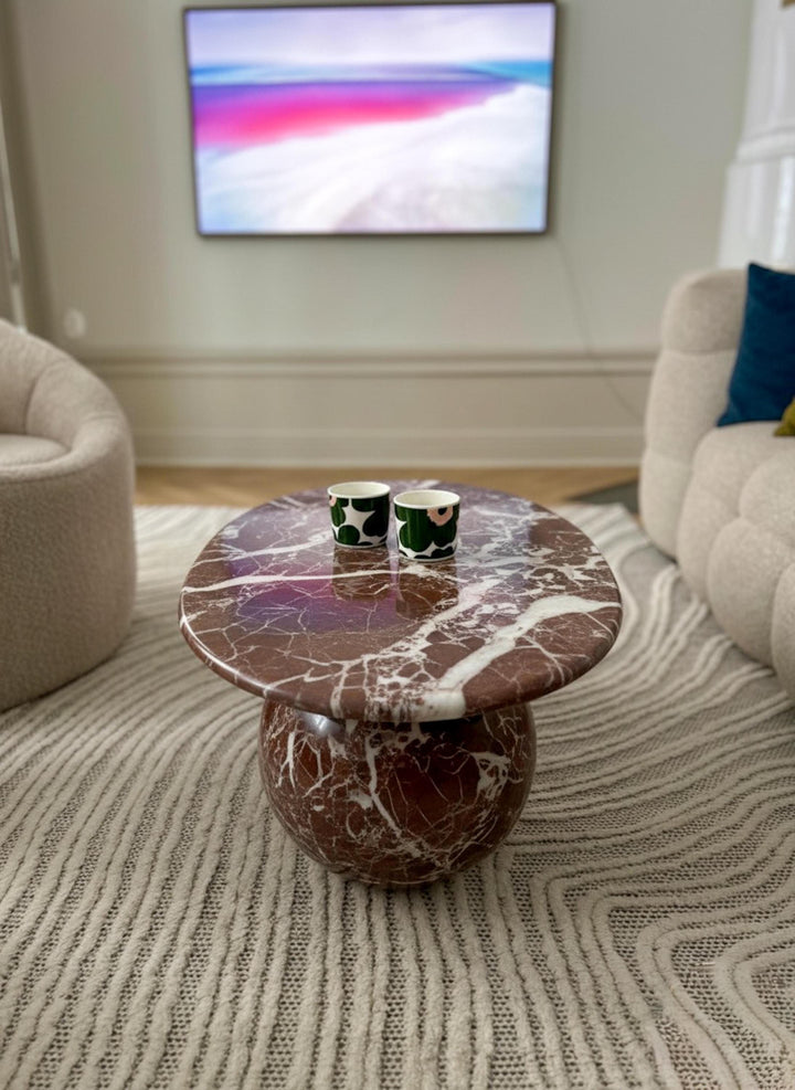 Rosso Levanto Marble Coffee Table, Burgundy Oval Center Table, Handmade