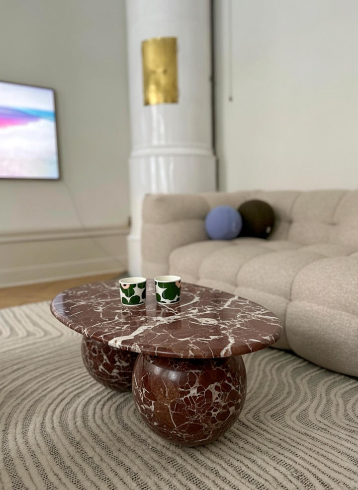 Rosso Levanto Marble Coffee Table, Burgundy Oval Center Table, Handmade