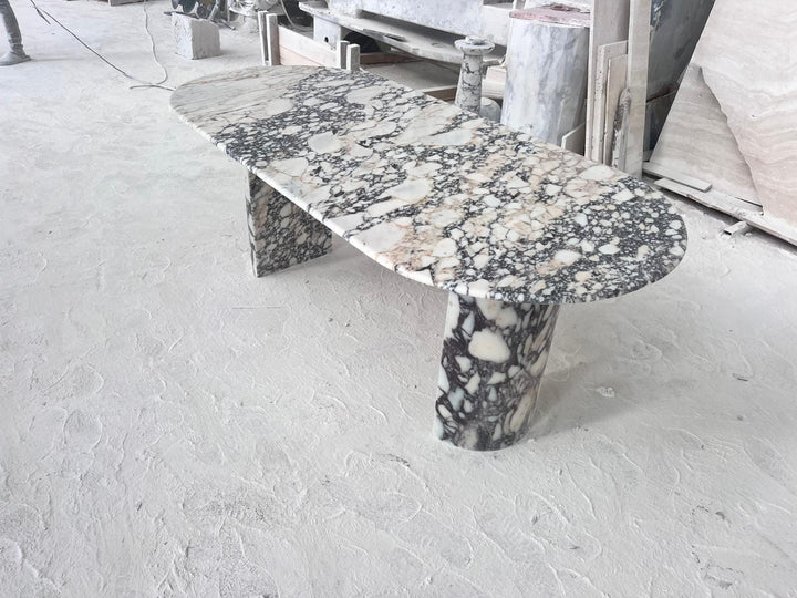Handcrafted Calacatta Viola Marble Dining Table, Half Moon Leg