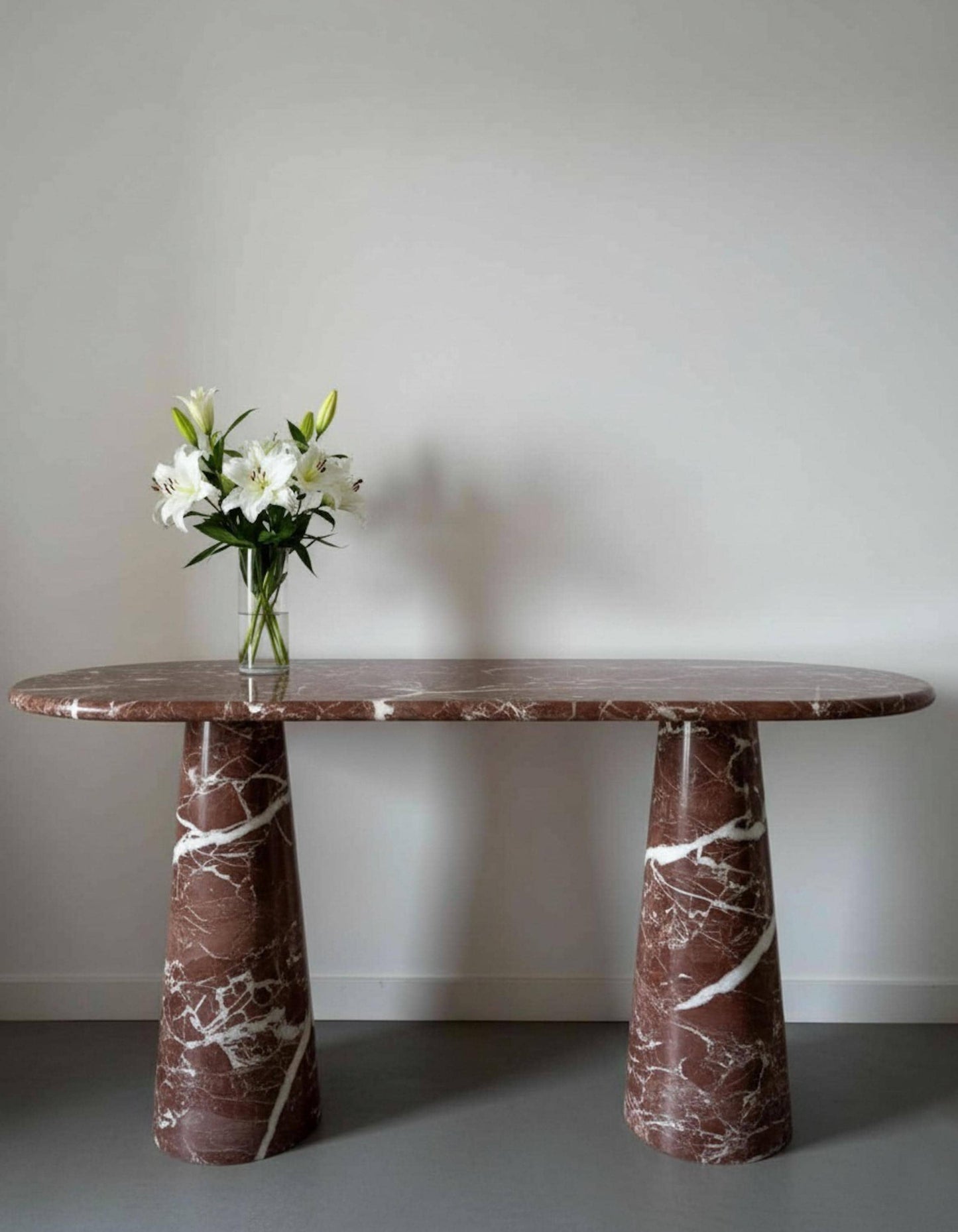 Handcarved Rosso Levanto Marble Console Table, Custom Burgundy Travertine