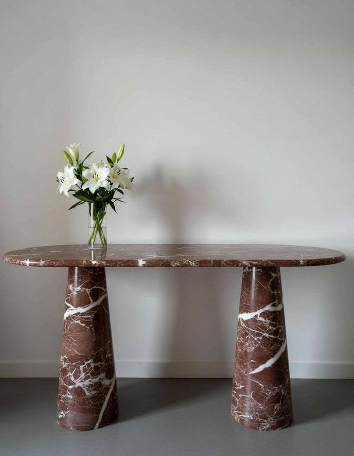 Handcarved Rosso Levanto Marble Console Table, Custom Burgundy Travertine