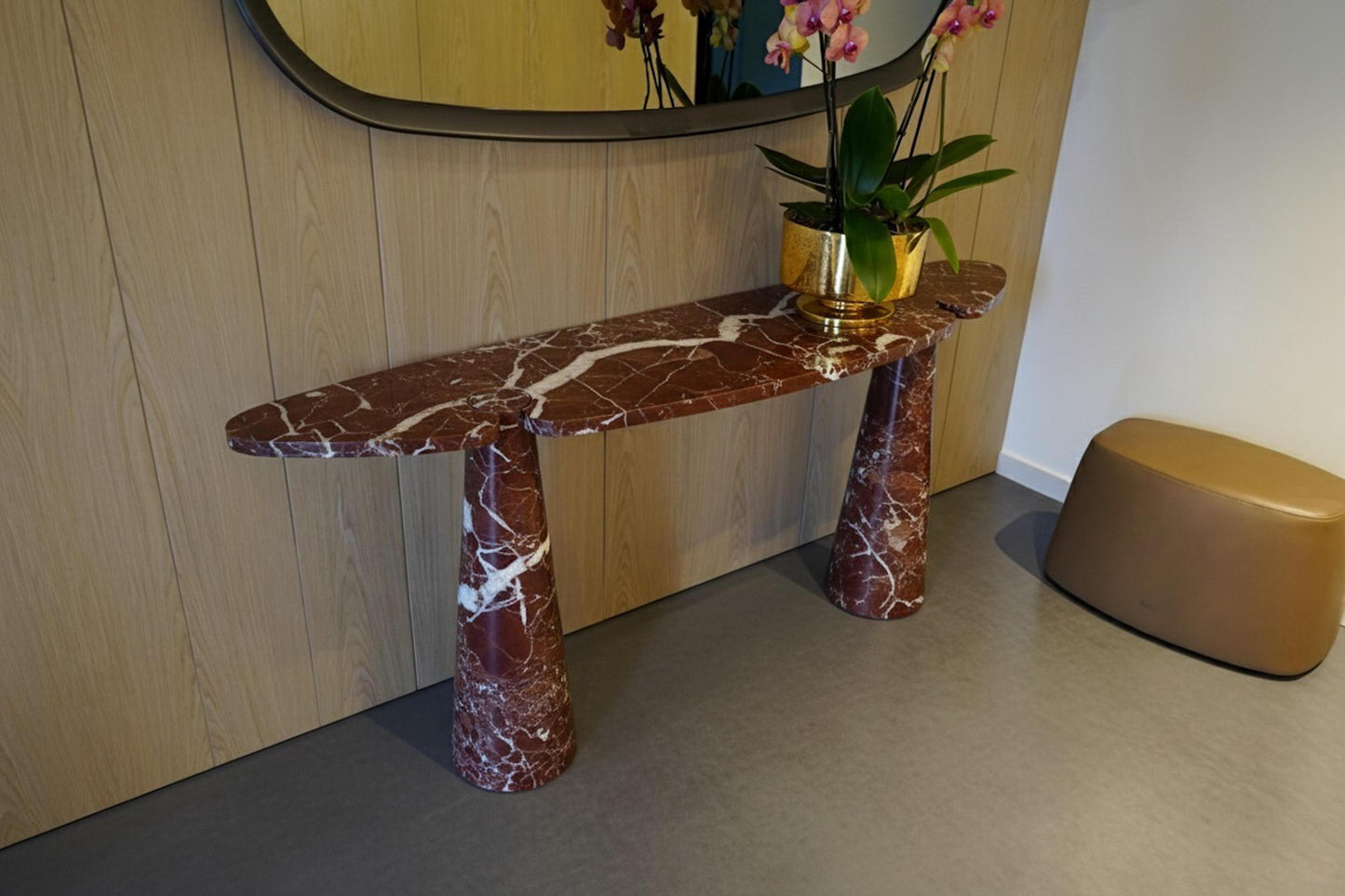 Handcarved Rosso Levanto Marble Console Table, Custom Burgundy Travertine