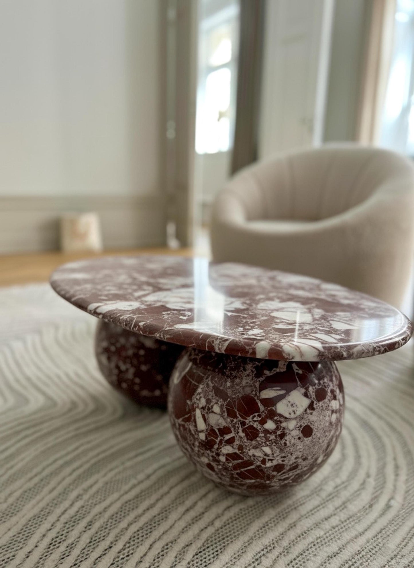Rosso Levanto Marble Coffee Table, Burgundy Oval Center Table, Handmade