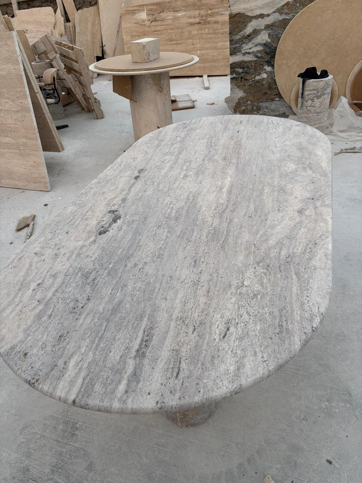 Handmade Silver Travertine Stone Table - Custom Living Room & Dining