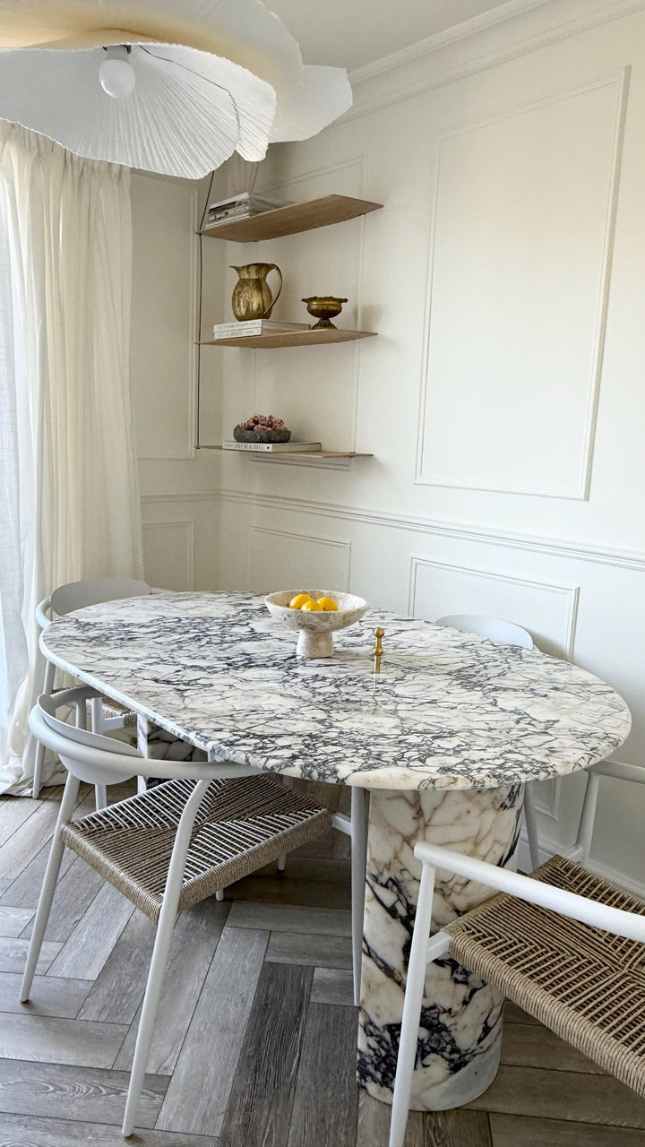Handmade Calacatta Viola Marble Dining Table, Oval Top, Half Moon Leg