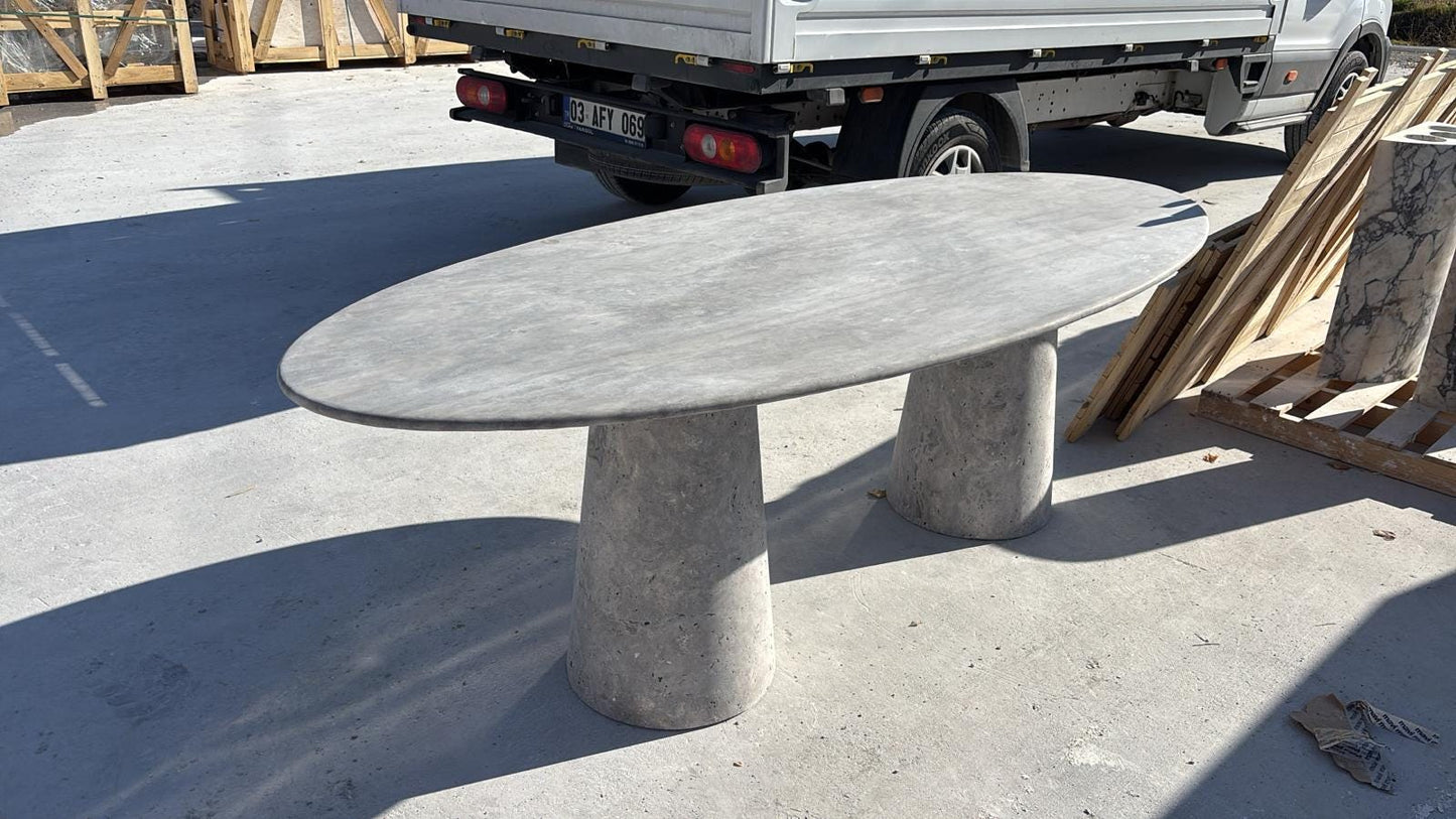 Ellipse Silver Travertine Dining Table, Custom Marble Table