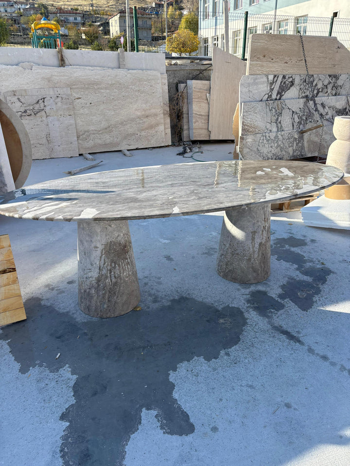 Ellipse Silver Travertine Dining Table, Custom Marble Table