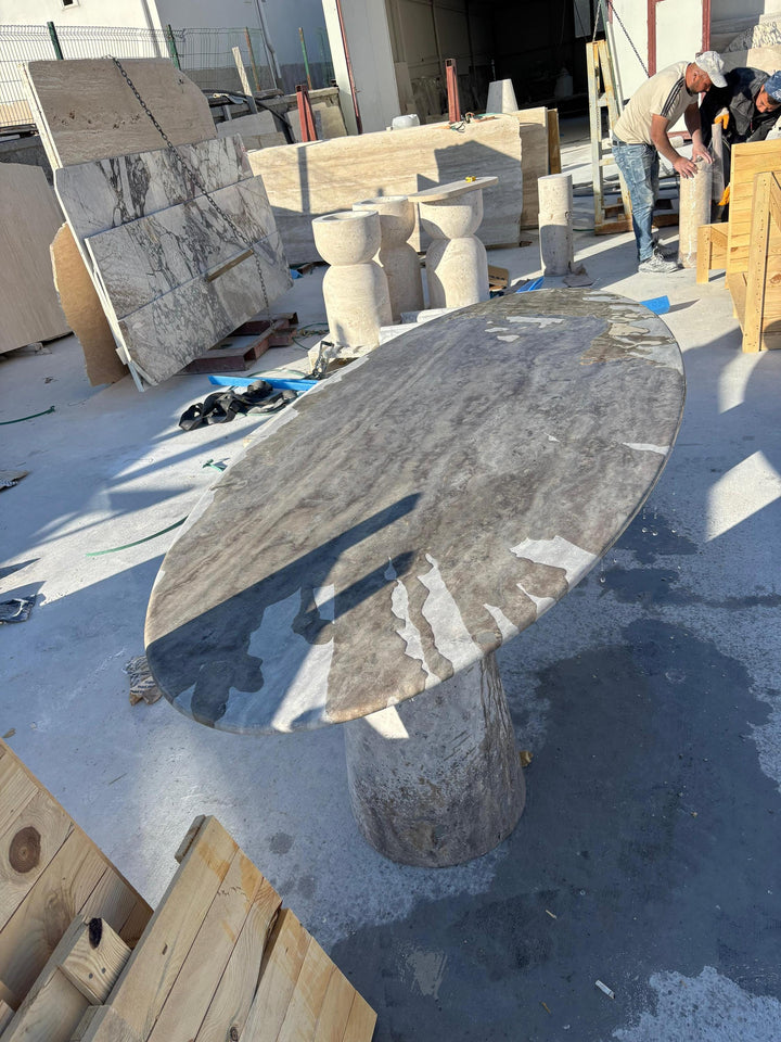 Ellipse Silver Travertine Dining Table, Custom Marble Table