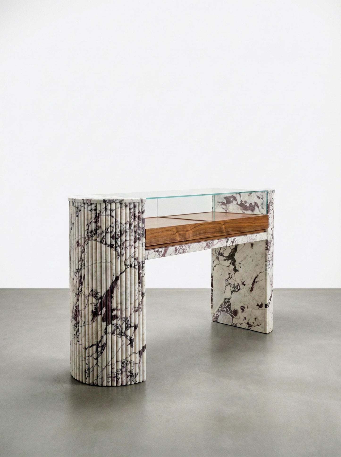 Luxury Jewelry Showcase Table: Custom Fluted Calacatta Marble and Wood Console Table