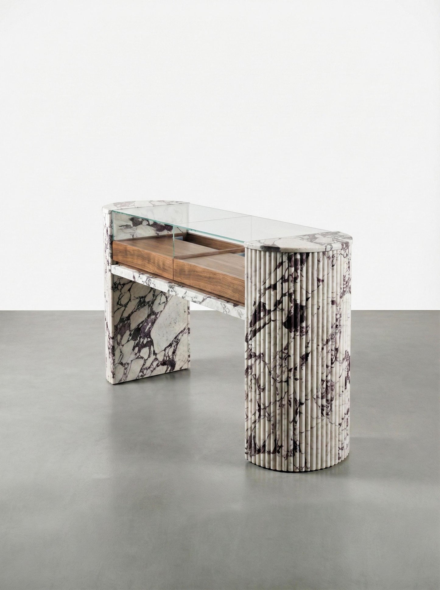Luxury Jewelry Showcase Table: Custom Fluted Calacatta Marble and Wood Console Table