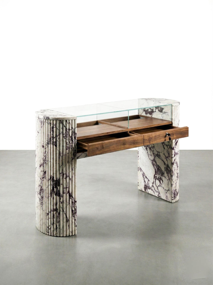 Luxury Jewelry Showcase Table: Custom Fluted Calacatta Marble and Wood Console Table