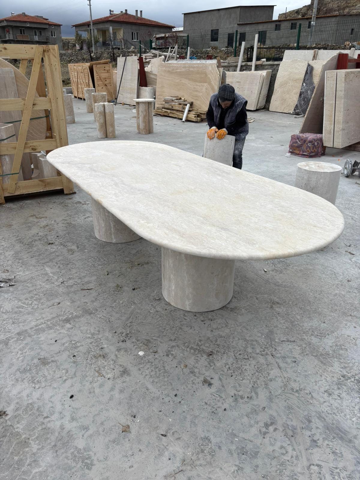 Travertine Marble Dining Table - Kitchen Luxury Beige Stone - Living Room Oval Shape Table - Handcrafted