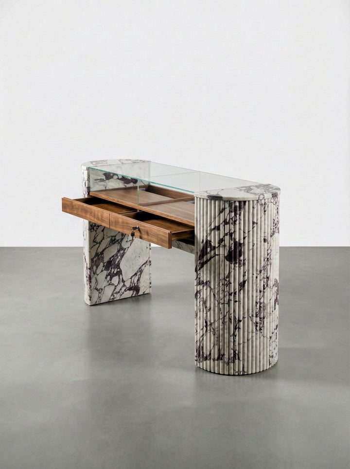 Luxury Jewelry Showcase Table: Custom Fluted Calacatta Marble and Wood Console Table