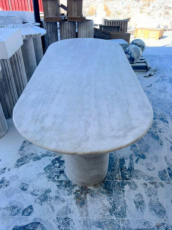 Handmade Honed Travertine Oval Dining Table – Cylindrical Base