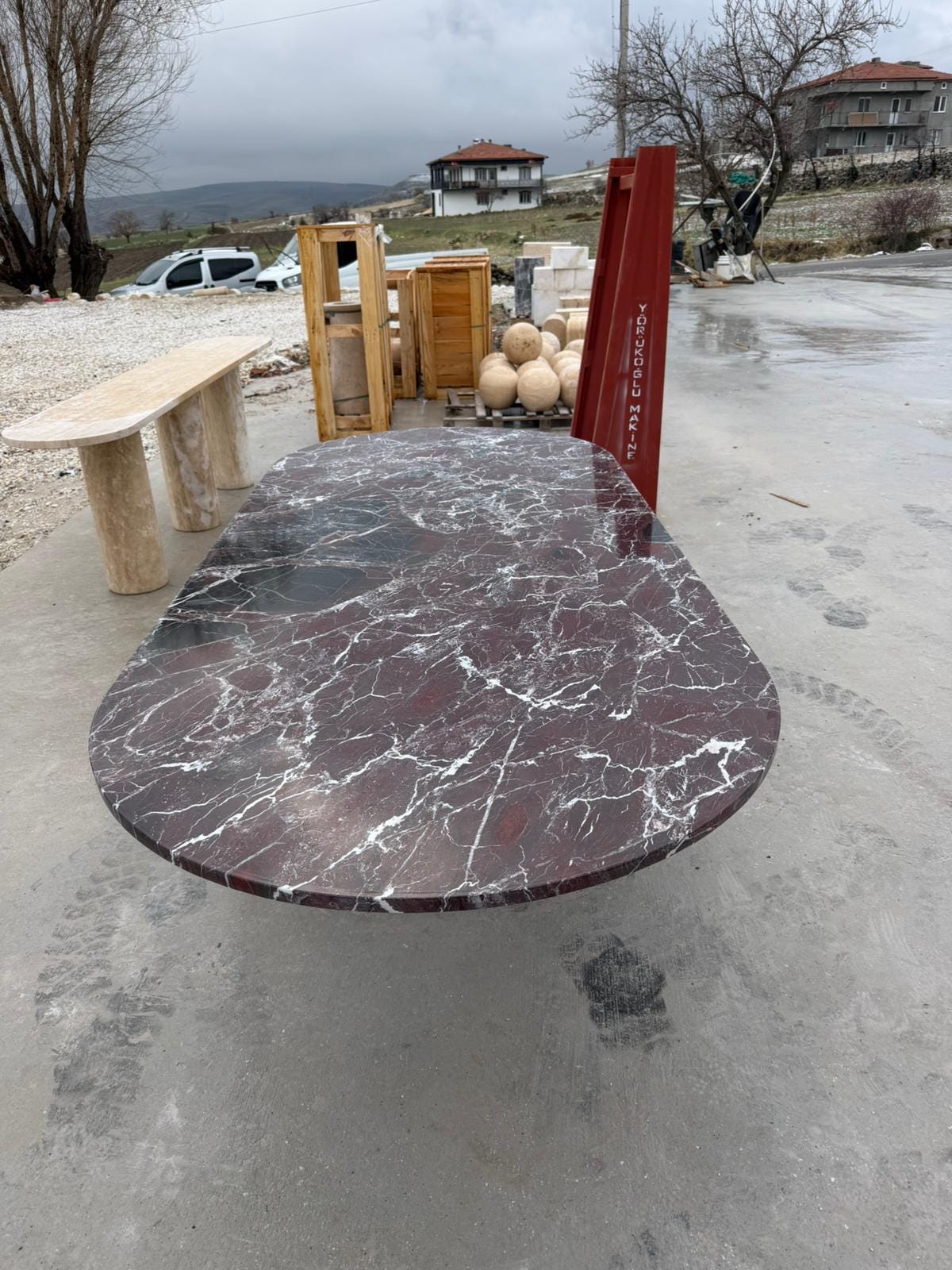 Handmade Rosso Levanto Red Marble Dining Table with Center Leg