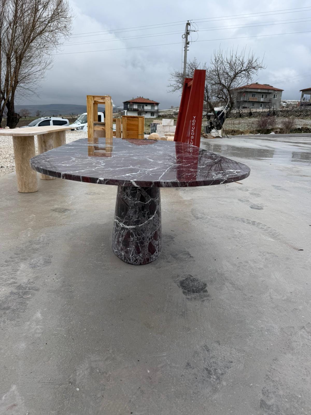 Handmade Rosso Levanto Red Marble Dining Table with Center Leg