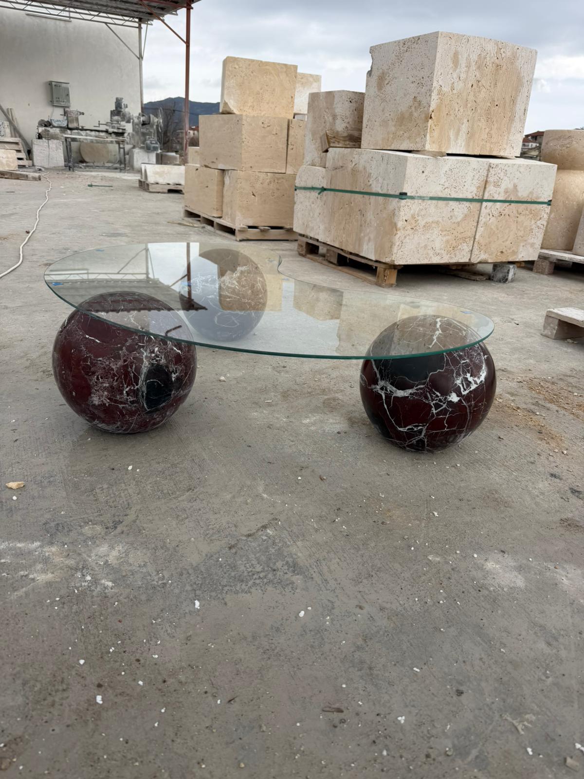 Rosso Levanto Marble Coffee Table – Round Ball Design, Handmade Glass Table Top