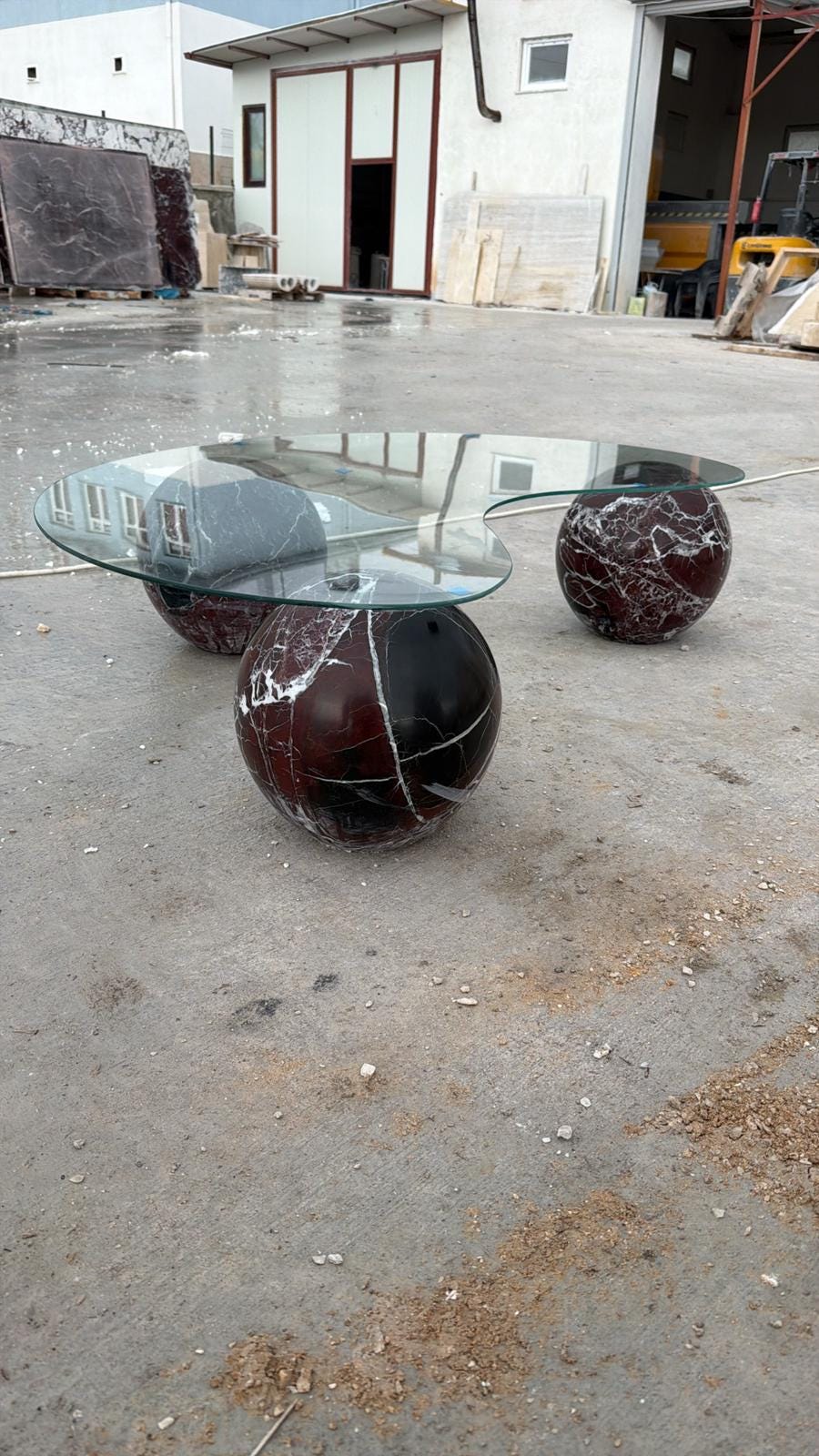 Rosso Levanto Marble Coffee Table – Round Ball Design, Handmade Glass Table Top